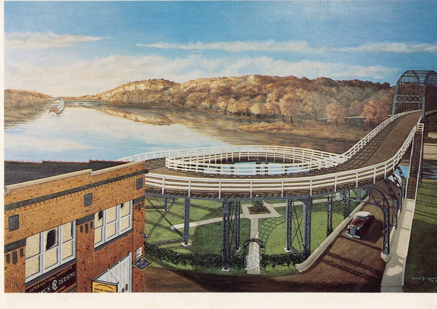 Historic postcard showing the Hastings spiral bridge, Mississippi River, and 100 Sibley at left