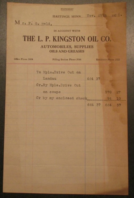 An aged statement from the L. P. Kingston Oil Company in Hastings